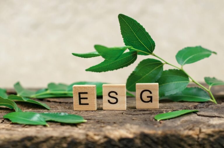 ESG abbreviation on wooden cubes, on a wooden board framed with green leaves. The concept of environmental conservation. Environmental Social Governance